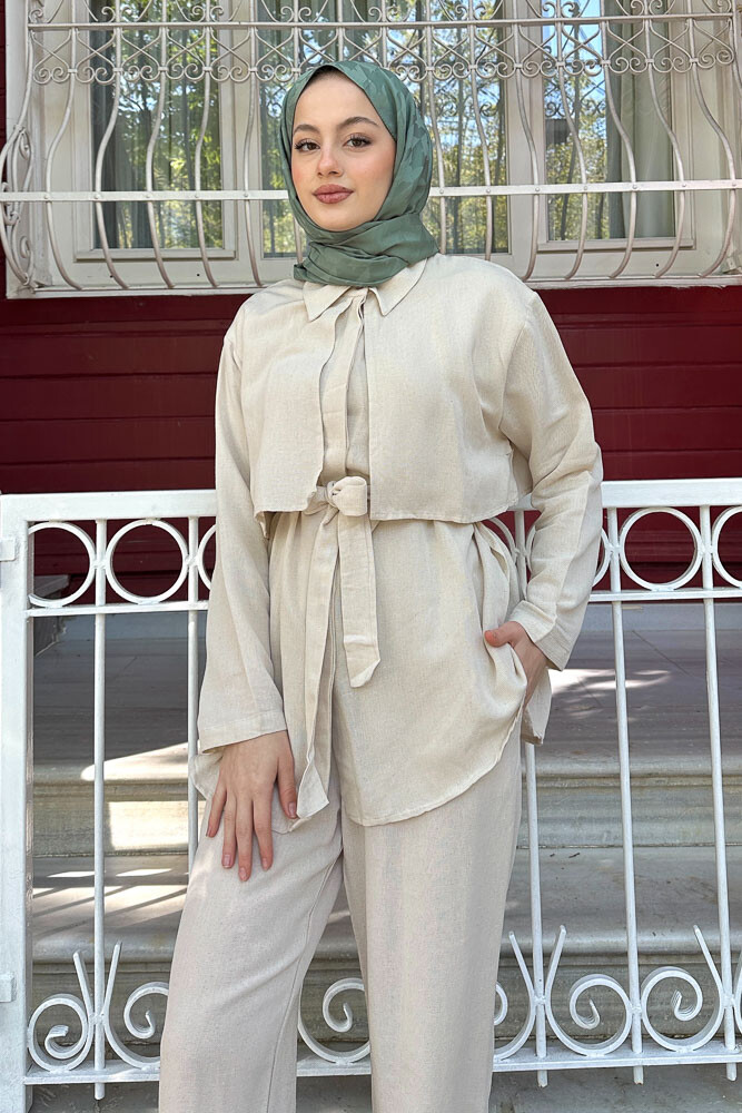 Rüzgarlıklı Keten Takım - Bej - 4