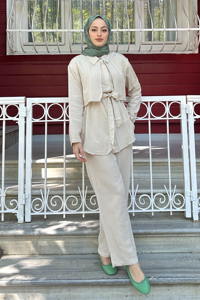 Rüzgarlıklı Keten Takım - Bej - 3