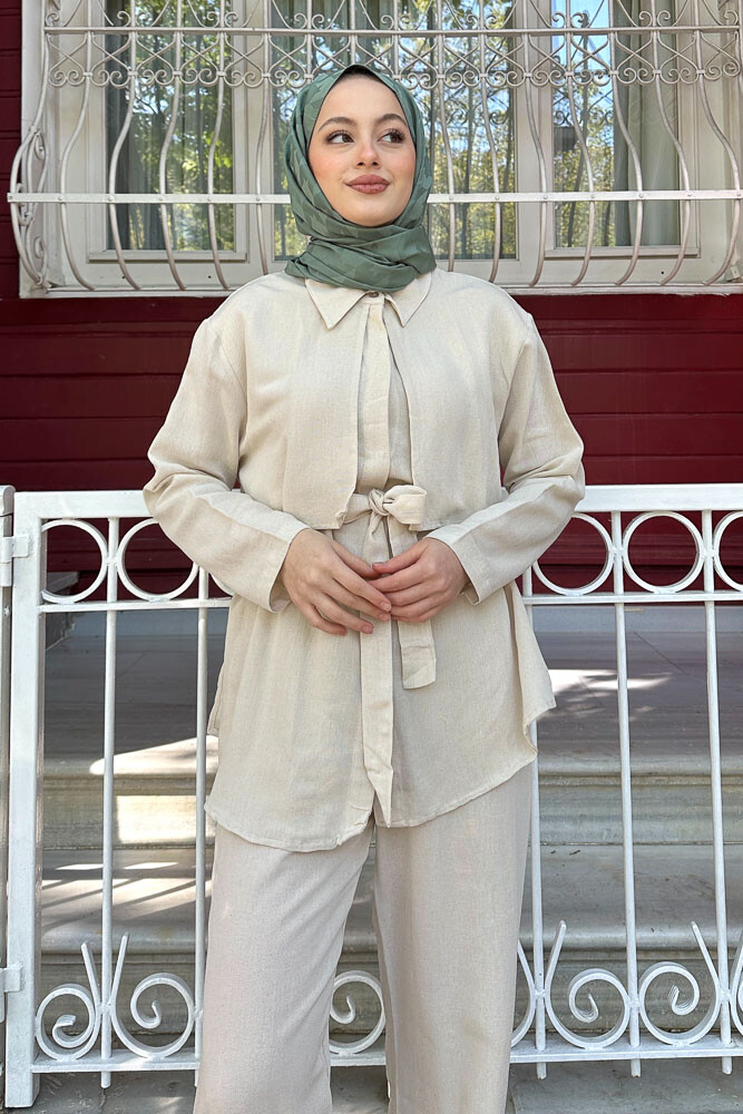 Rüzgarlıklı Keten Takım - Bej - 2