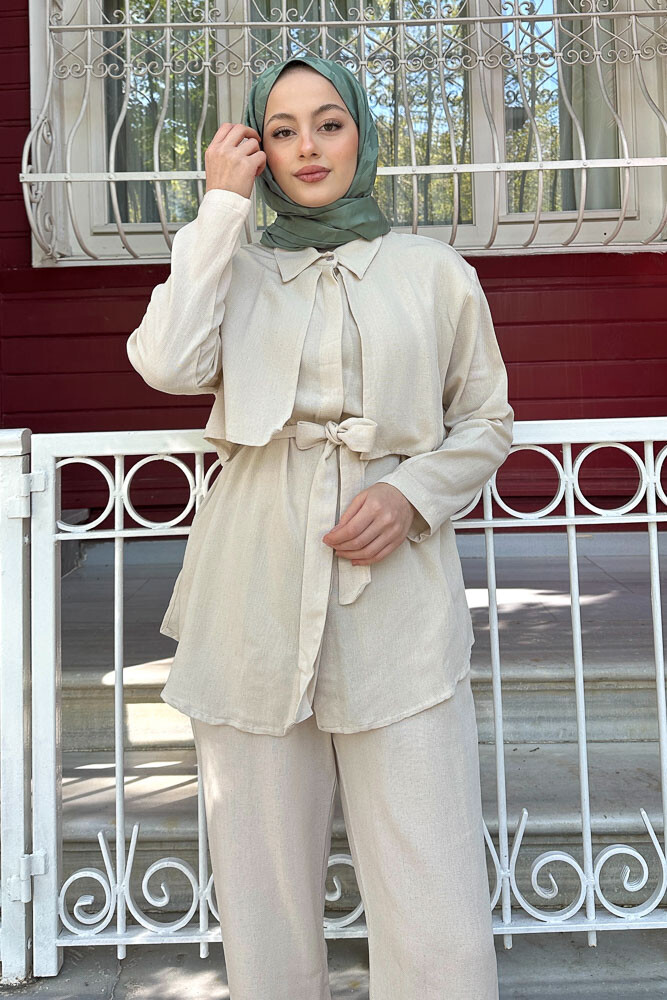 Rüzgarlıklı Keten Takım - Bej - 6