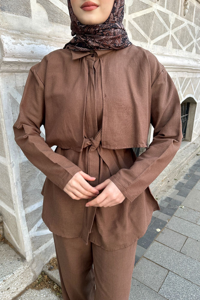 Rüzgarlıklı Keten Takım - Kahverengi - 5