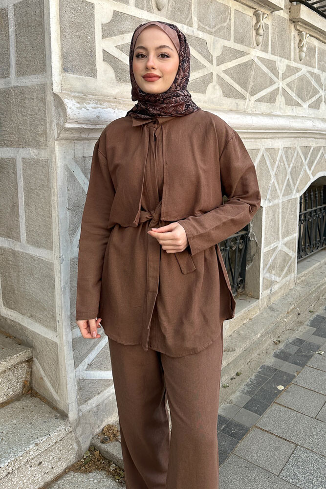 Rüzgarlıklı Keten Takım - Kahverengi - 6