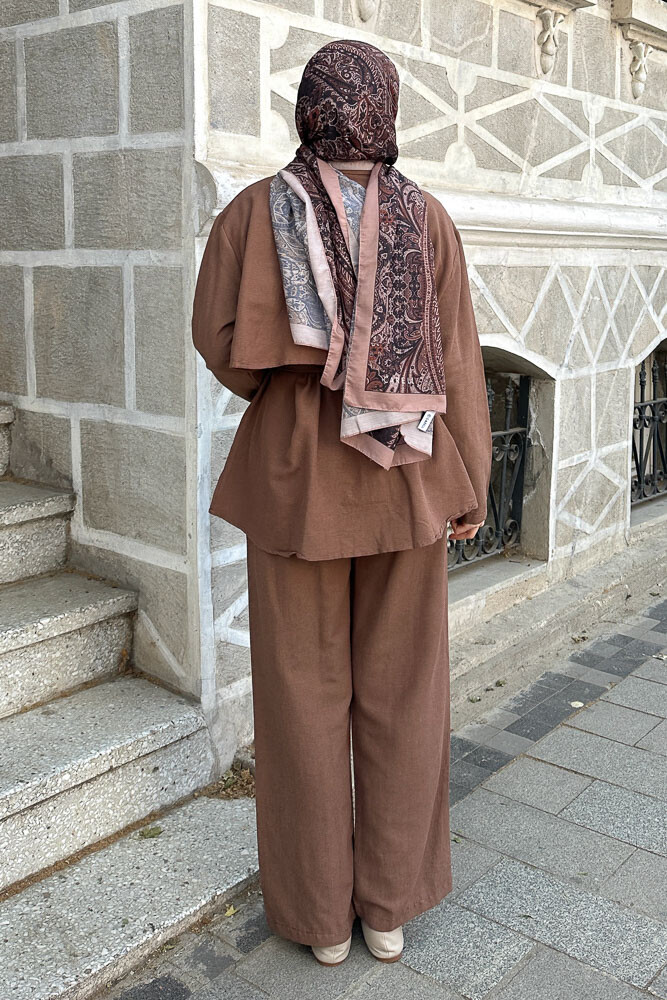 Rüzgarlıklı Keten Takım - Kahverengi - 8