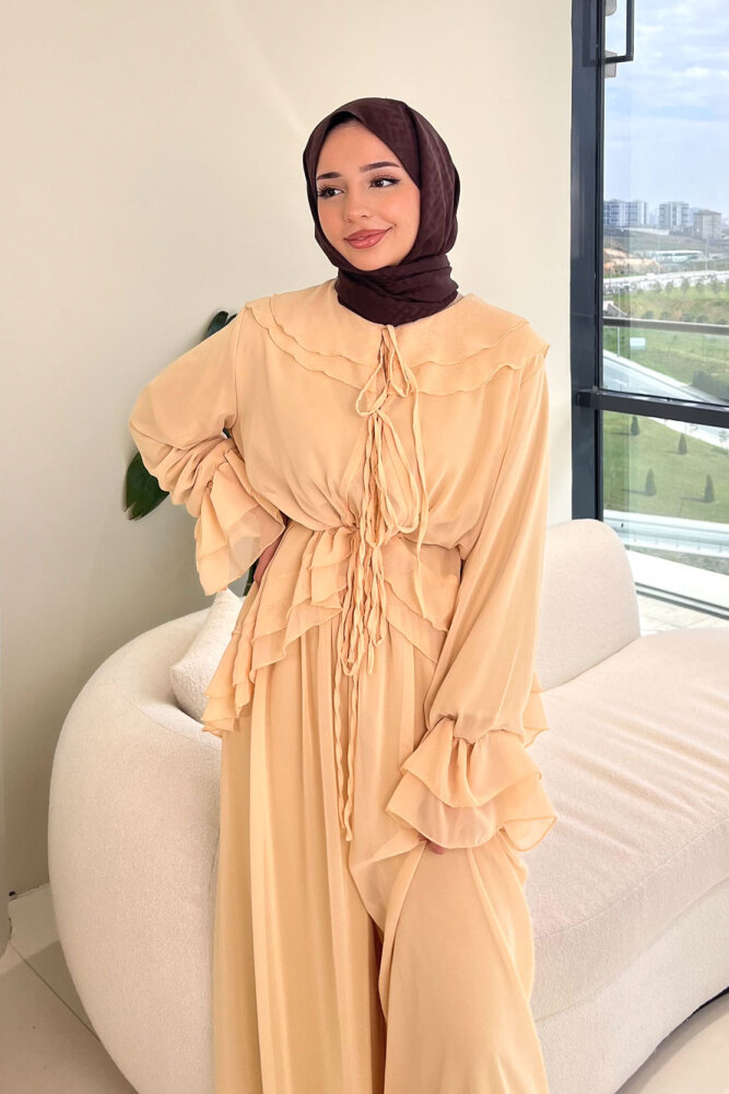 Râya Bağlama Detaylı Fırfırlı Şifon Takım - Bej - HEWES (3)