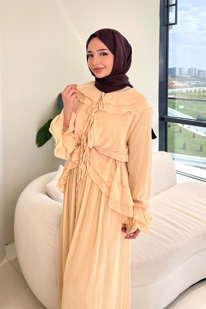 Râya Bağlama Detaylı Fırfırlı Şifon Takım - Bej - 6