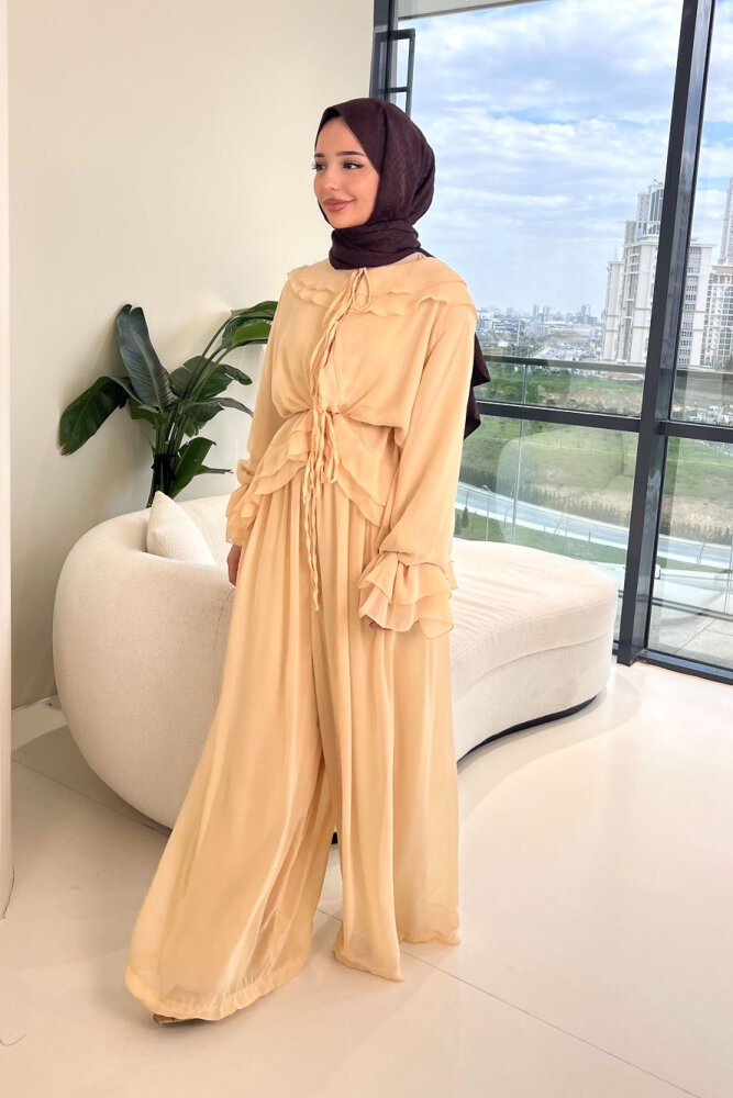Râya Bağlama Detaylı Fırfırlı Şifon Takım - Bej - HEWES (4)