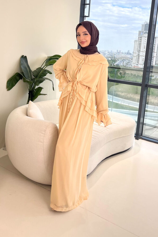 Râya Bağlama Detaylı Fırfırlı Şifon Takım - Bej - 7