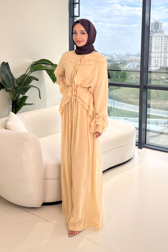 Râya Bağlama Detaylı Fırfırlı Şifon Takım - Bej - 2