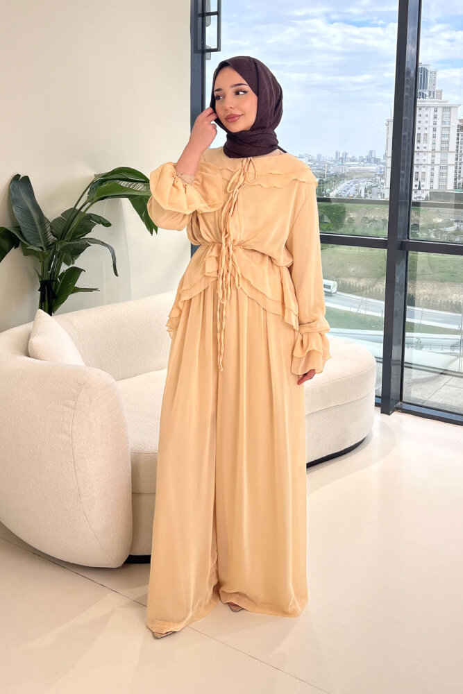 Râya Bağlama Detaylı Fırfırlı Şifon Takım - Bej - 1