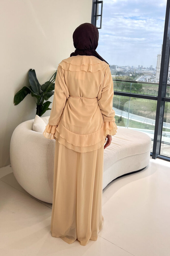 Râya Bağlama Detaylı Fırfırlı Şifon Takım - Bej - 8