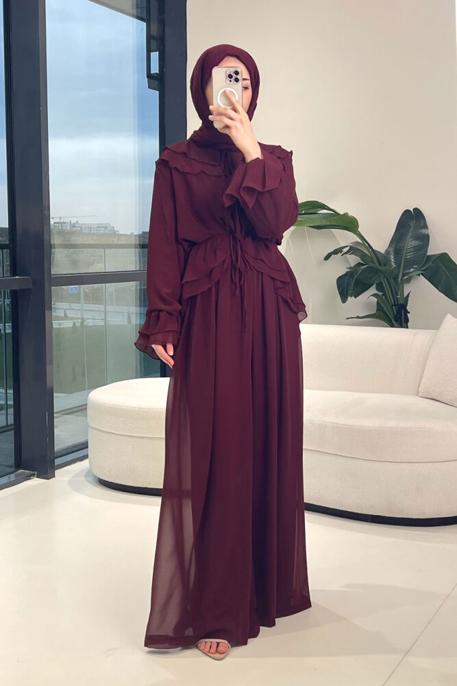Râya Bağlama Detaylı Fırfırlı Şifon Takım - Bordo - 1