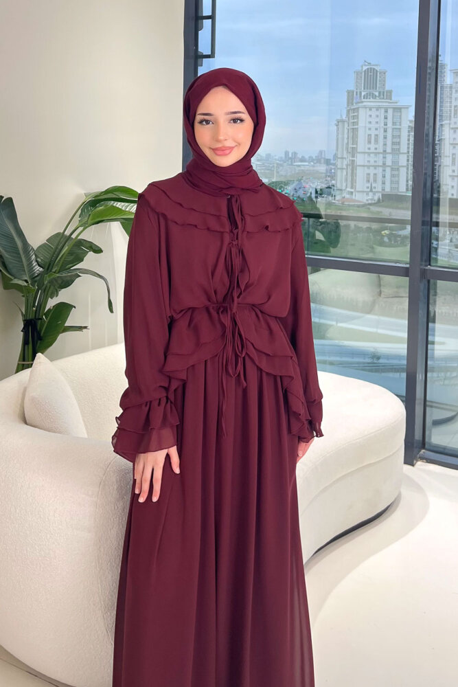 Râya Bağlama Detaylı Fırfırlı Şifon Takım - Bordo - 3