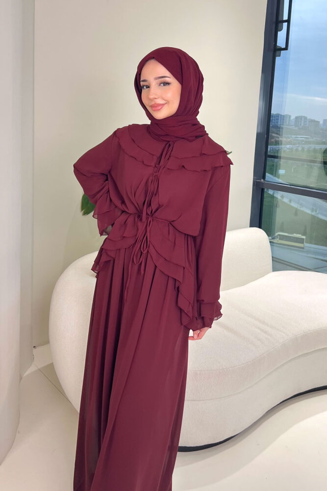 Râya Bağlama Detaylı Fırfırlı Şifon Takım - Bordo - 5