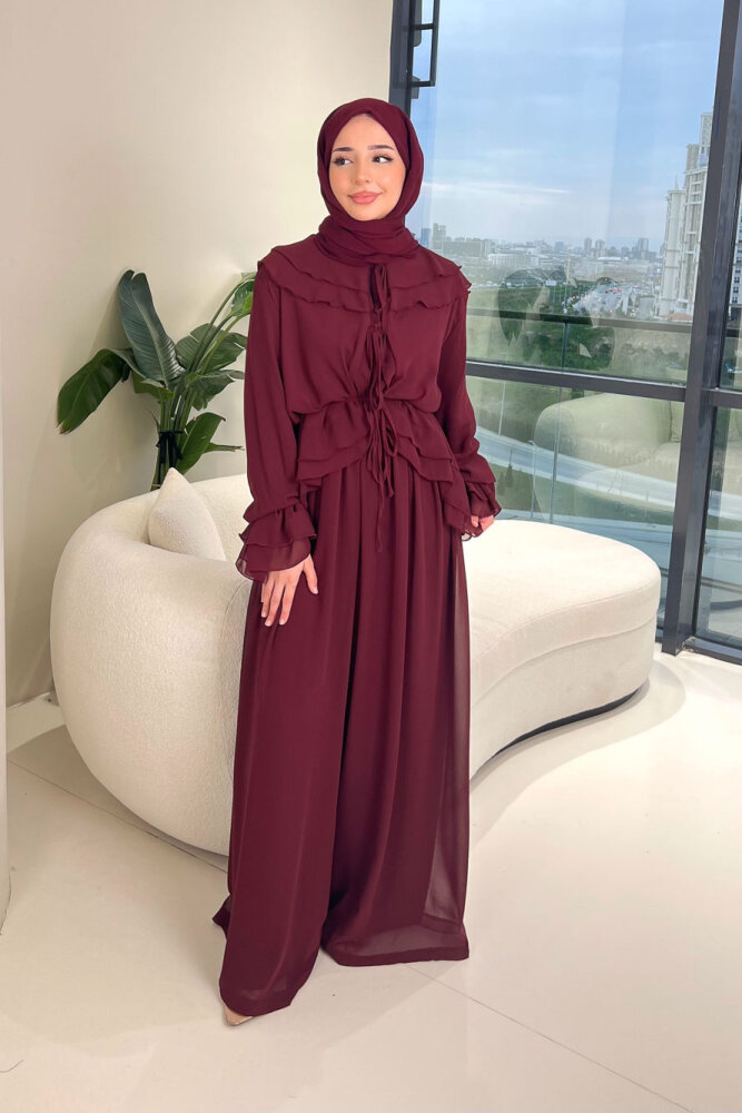 Râya Bağlama Detaylı Fırfırlı Şifon Takım - Bordo - HEWES (1)