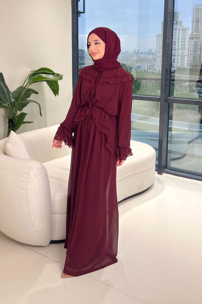 Râya Bağlama Detaylı Fırfırlı Şifon Takım - Bordo - 6