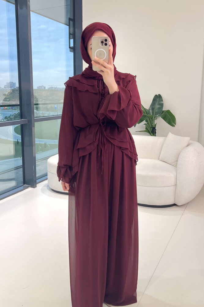 Râya Bağlama Detaylı Fırfırlı Şifon Takım - Bordo - 7