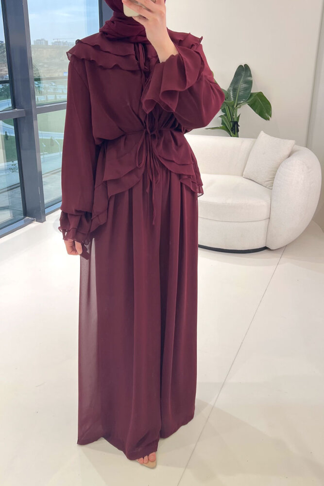 Râya Bağlama Detaylı Fırfırlı Şifon Takım - Bordo - 4