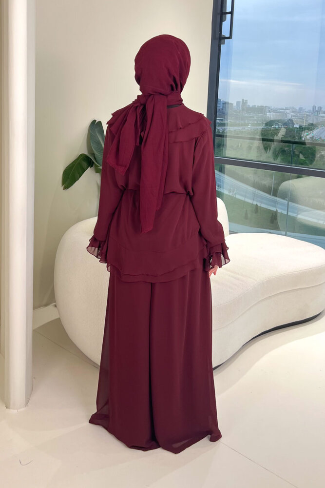 Râya Bağlama Detaylı Fırfırlı Şifon Takım - Bordo - 8