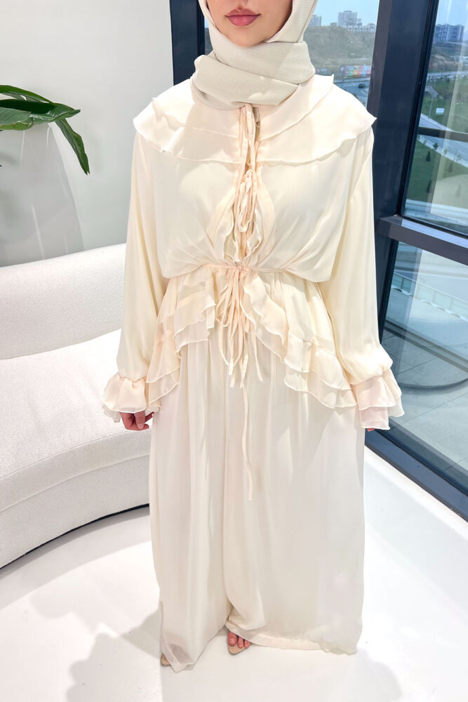 Râya Bağlama Detaylı Fırfırlı Şifon Takım - Ekru - HEWES (4)