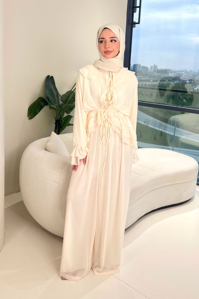 Râya Bağlama Detaylı Fırfırlı Şifon Takım - Ekru - HEWES (1)