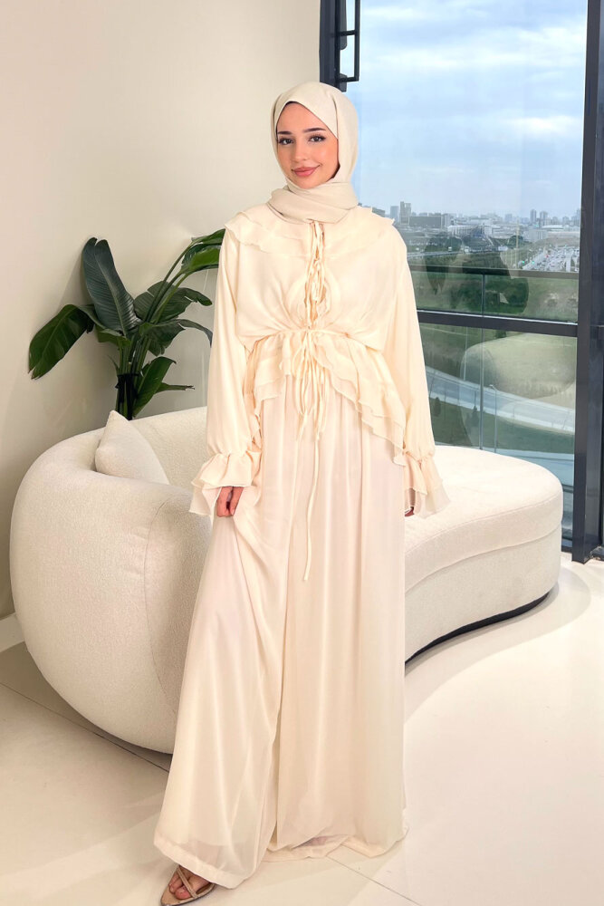 Râya Bağlama Detaylı Fırfırlı Şifon Takım - Ekru - 7