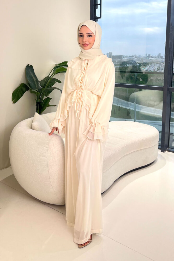 Râya Bağlama Detaylı Fırfırlı Şifon Takım - Ekru - HEWES (0)