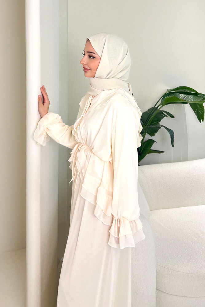 Râya Bağlama Detaylı Fırfırlı Şifon Takım - Ekru - 3
