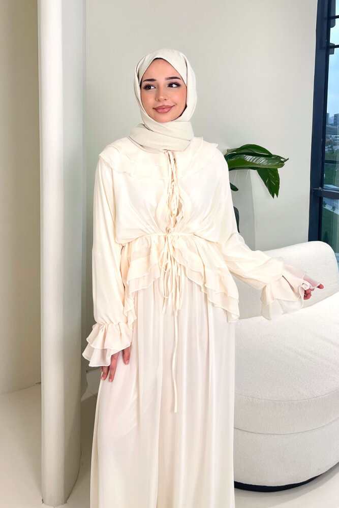Râya Bağlama Detaylı Fırfırlı Şifon Takım - Ekru - HEWES (3)