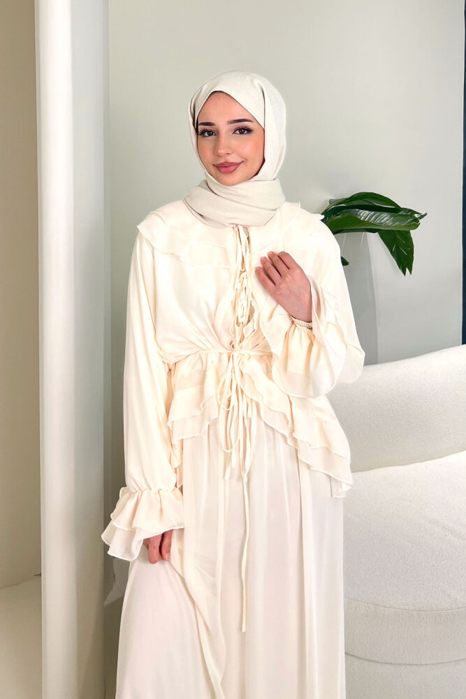 Râya Bağlama Detaylı Fırfırlı Şifon Takım - Ekru - HEWES (5)