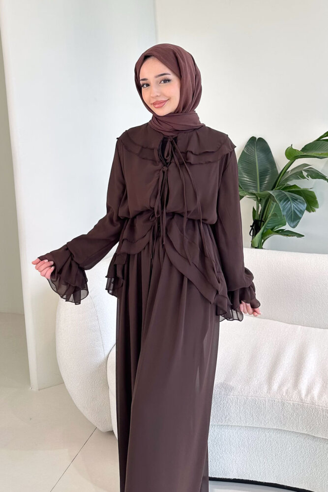 Râya Bağlama Detaylı Fırfırlı Şifon Takım - Kahverengi - HEWES (4)