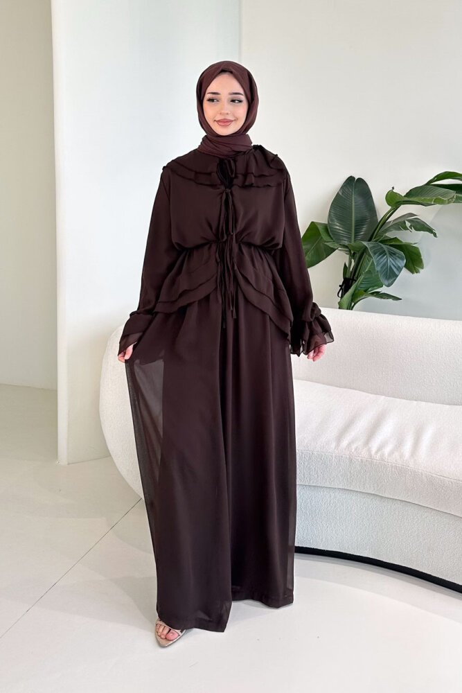 Râya Bağlama Detaylı Fırfırlı Şifon Takım - Kahverengi - HEWES (2)