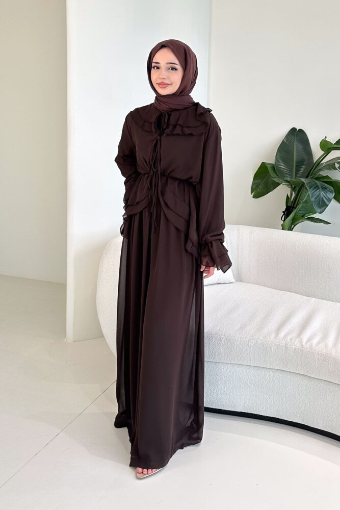 Râya Bağlama Detaylı Fırfırlı Şifon Takım - Kahverengi - HEWES (3)