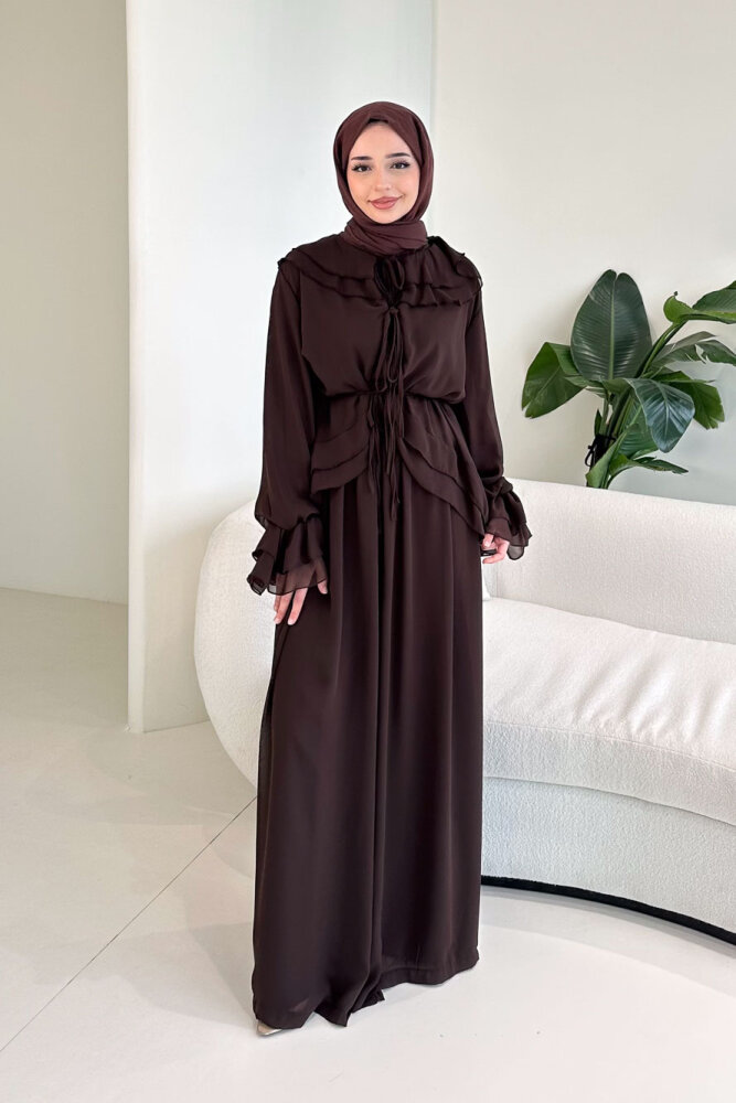 Râya Bağlama Detaylı Fırfırlı Şifon Takım - Kahverengi - HEWES (0)