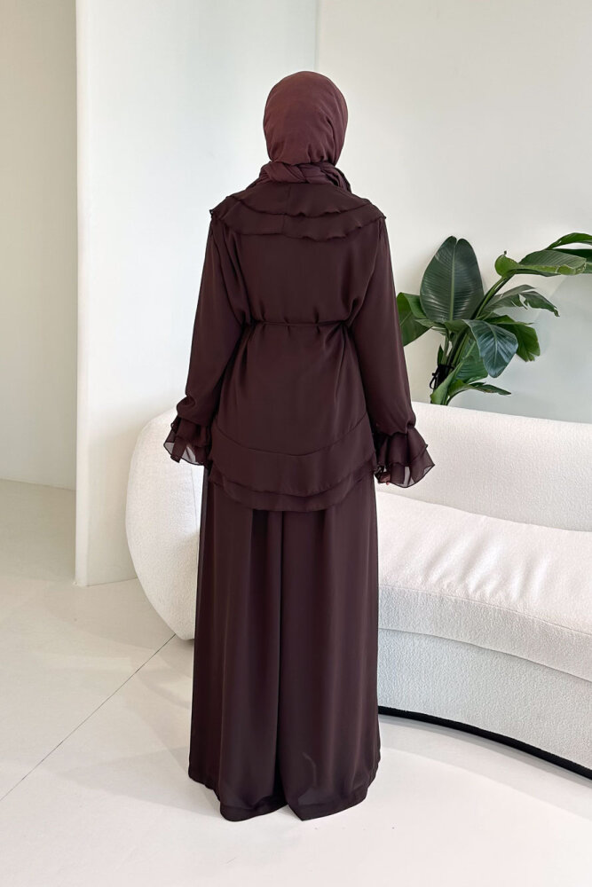 Râya Bağlama Detaylı Fırfırlı Şifon Takım - Kahverengi - 6