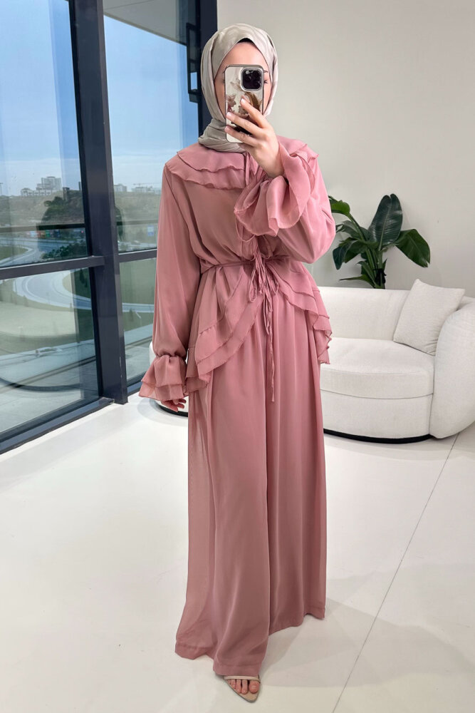 Râya Bağlama Detaylı Fırfırlı Şifon Takım - Pembe - 3