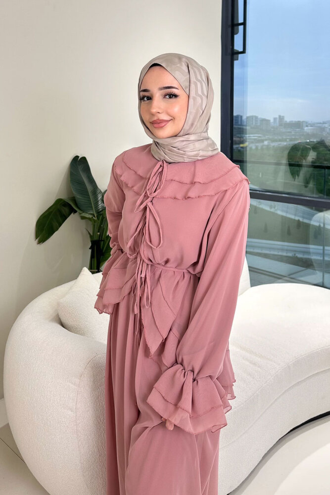 Râya Bağlama Detaylı Fırfırlı Şifon Takım - Pembe - 6