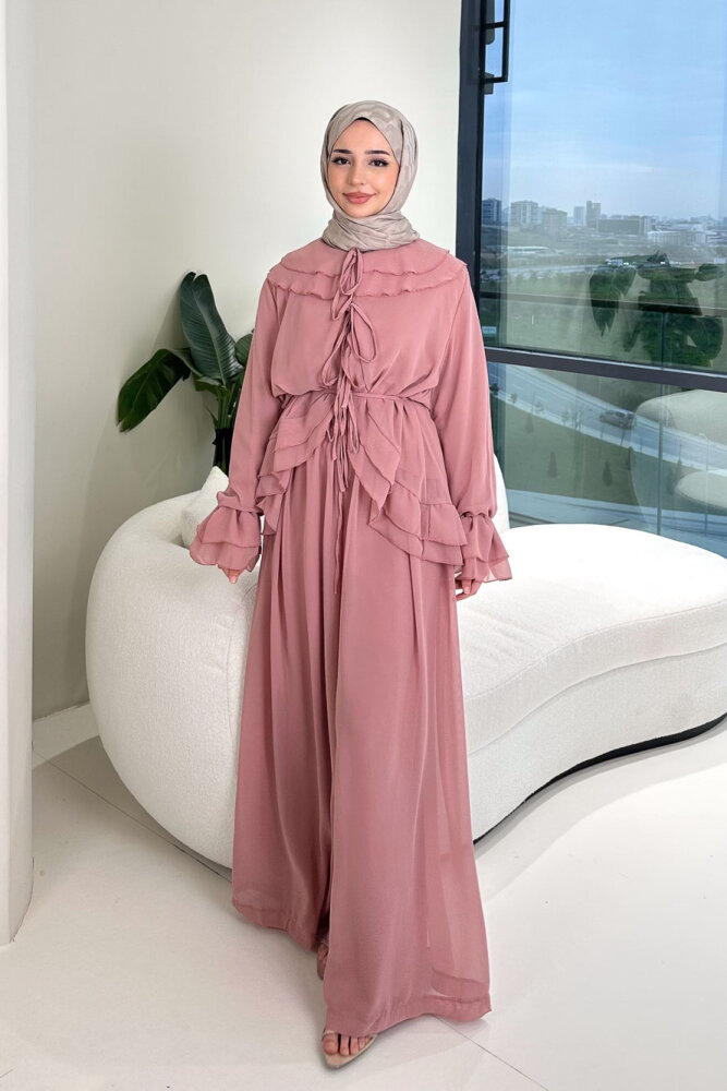 Râya Bağlama Detaylı Fırfırlı Şifon Takım - Pembe - HEWES (1)