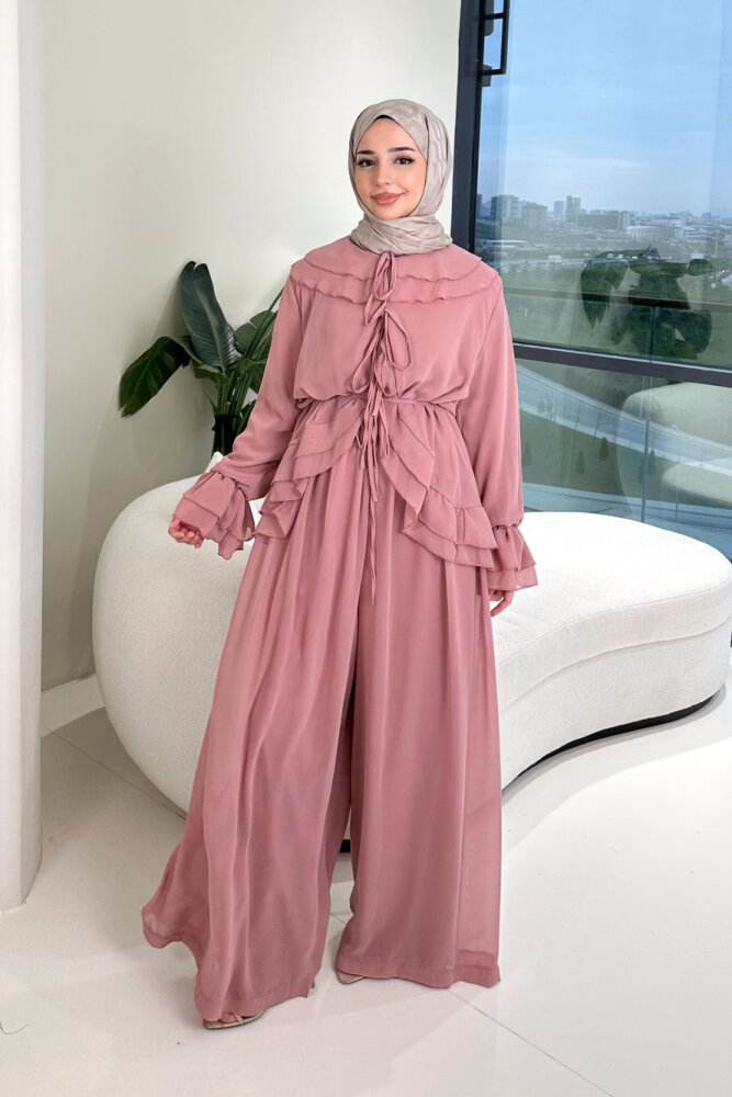 Râya Bağlama Detaylı Fırfırlı Şifon Takım - Pembe - 5