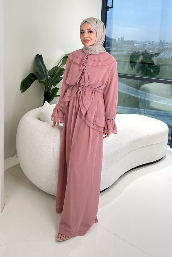 Râya Bağlama Detaylı Fırfırlı Şifon Takım - Pembe - 7