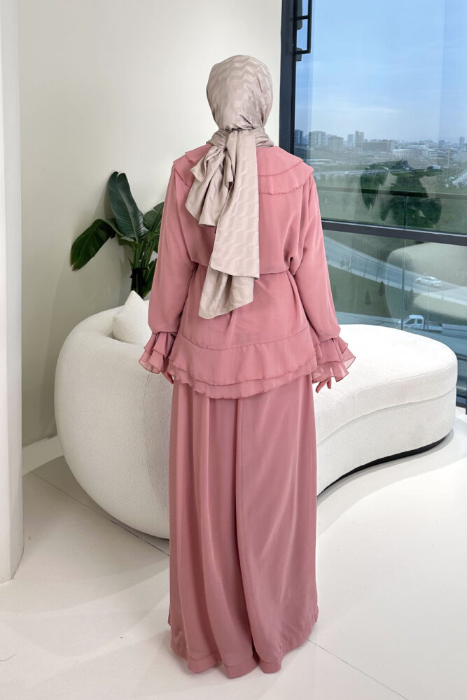 Râya Bağlama Detaylı Fırfırlı Şifon Takım - Pembe - 8