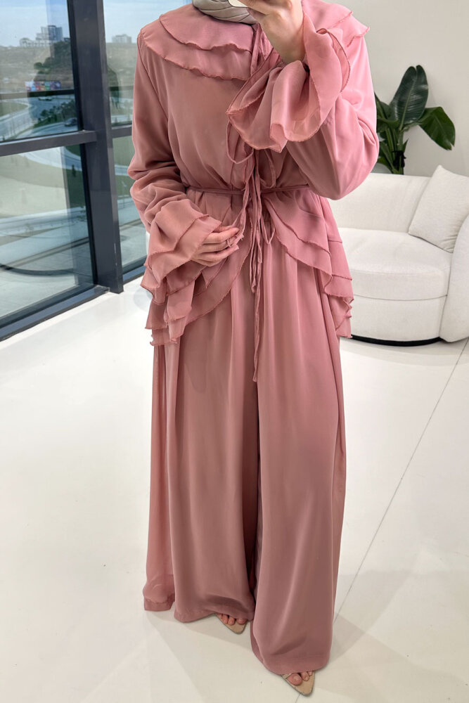 Râya Bağlama Detaylı Fırfırlı Şifon Takım - Pembe - HEWES (0)