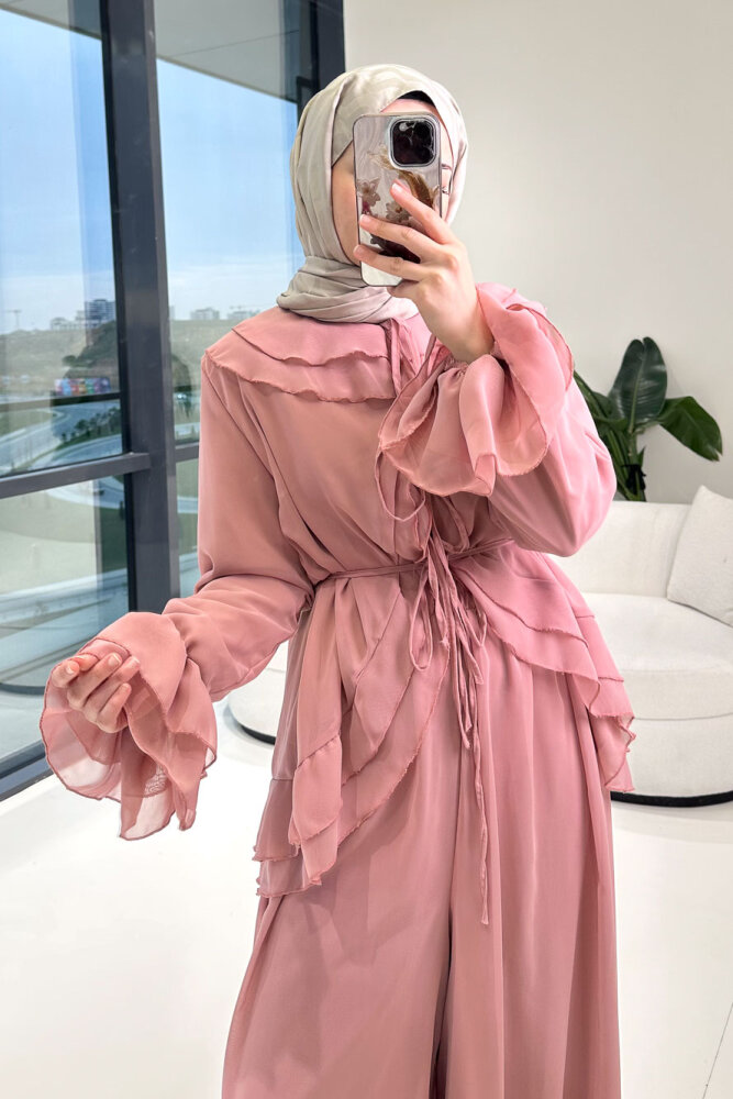 Râya Bağlama Detaylı Fırfırlı Şifon Takım - Pembe - 4