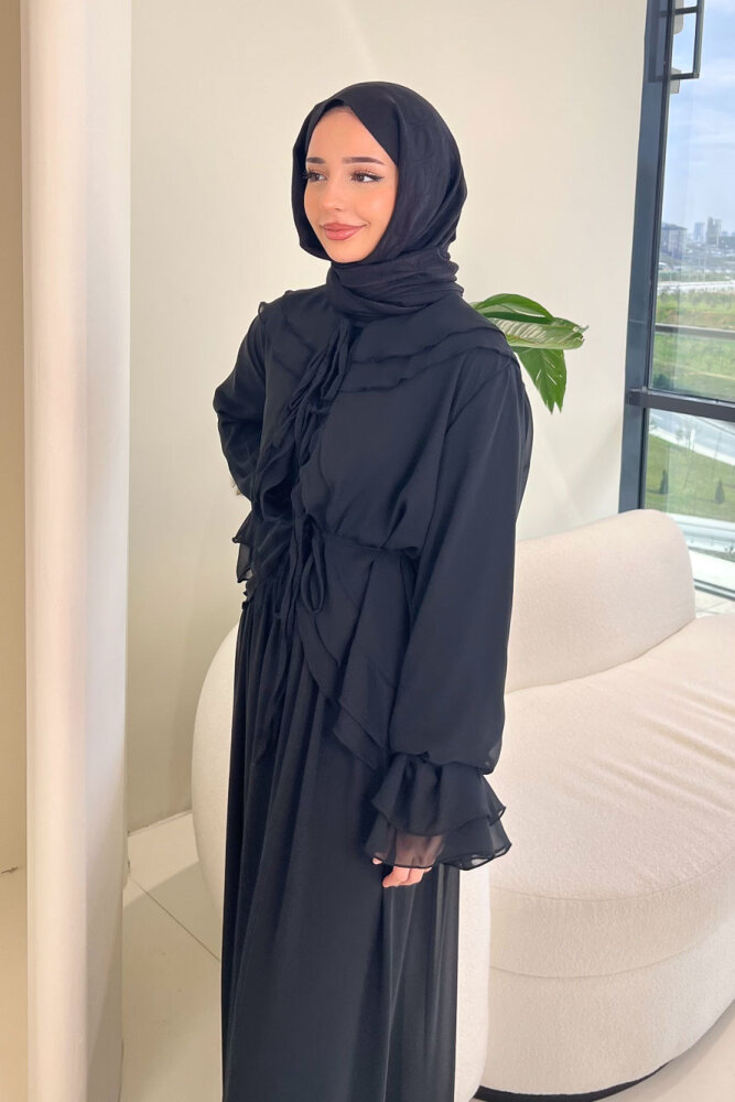 Râya Bağlama Detaylı Fırfırlı Şifon Takım - Siyah - HEWES (2)