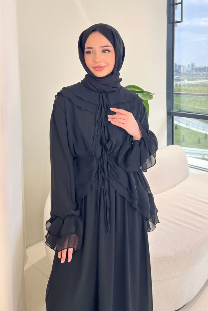Râya Bağlama Detaylı Fırfırlı Şifon Takım - Siyah - 5