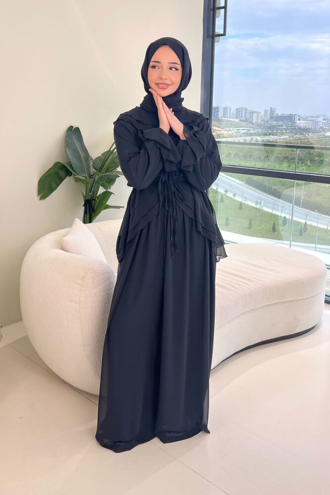 Râya Bağlama Detaylı Fırfırlı Şifon Takım - Siyah - 1