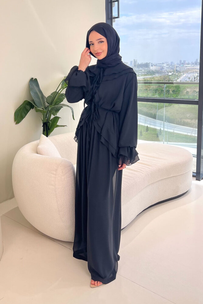 Râya Bağlama Detaylı Fırfırlı Şifon Takım - Siyah - 2