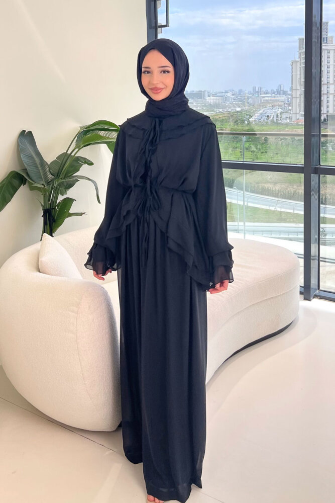 Râya Bağlama Detaylı Fırfırlı Şifon Takım - Siyah - HEWES (3)