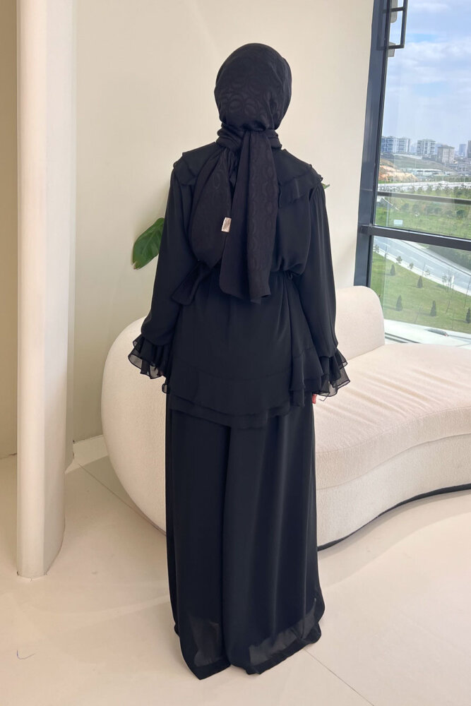 Râya Bağlama Detaylı Fırfırlı Şifon Takım - Siyah - 6