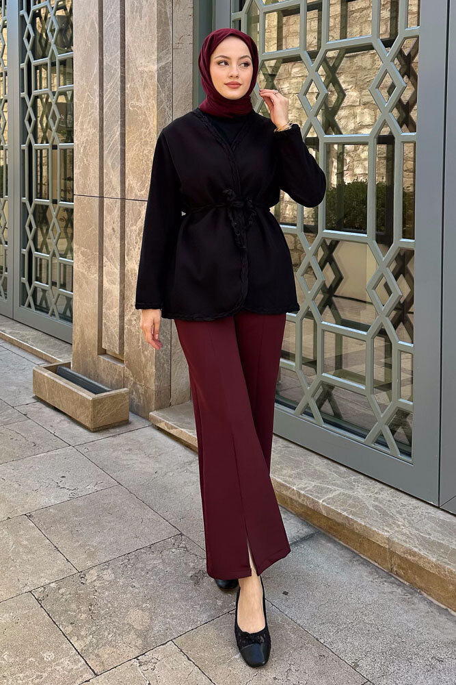 Saç Örgülü Kaşe Ceket - Siyah - 4
