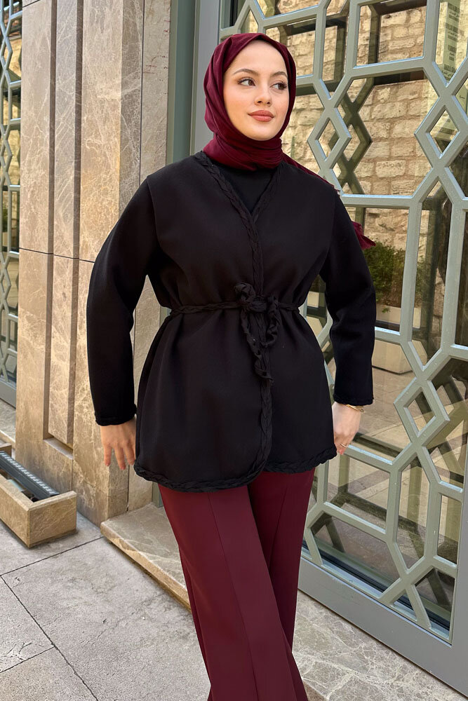 Saç Örgülü Kaşe Ceket - Siyah - ENMA (1)